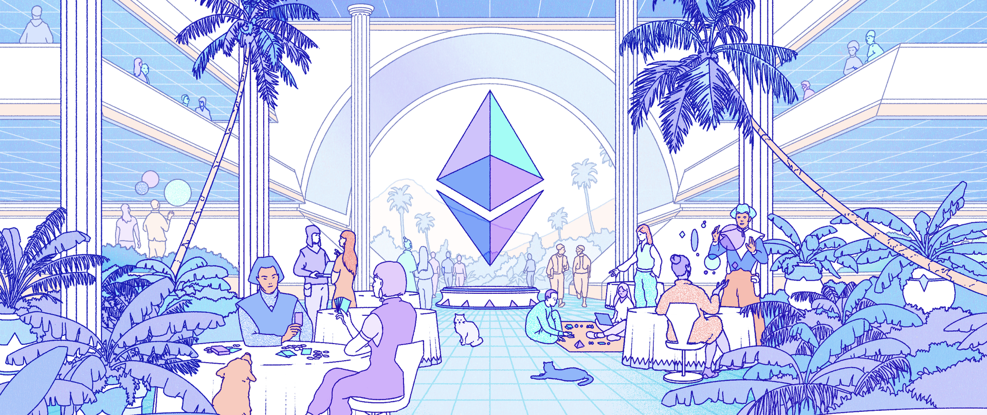 Léiriú de chathair thodhchaíoch, a ionadaíonn an éiceachóras Ethereum.